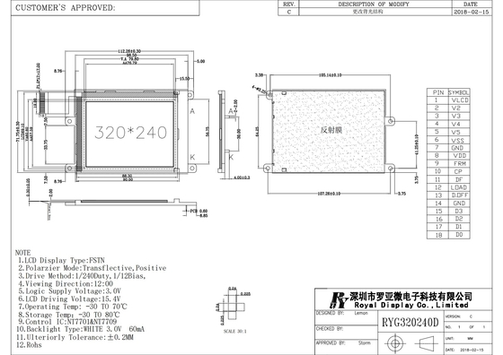 320*240 FSTN módulo LCD monocromo para la exploración médica positivo