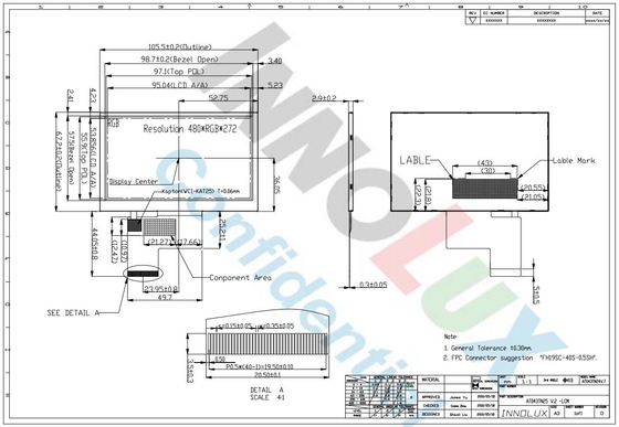 4.3 pulgadas Innolux Panel de módulo LCD 480*3RGB*272 TFT Display Digital Antidesplandor