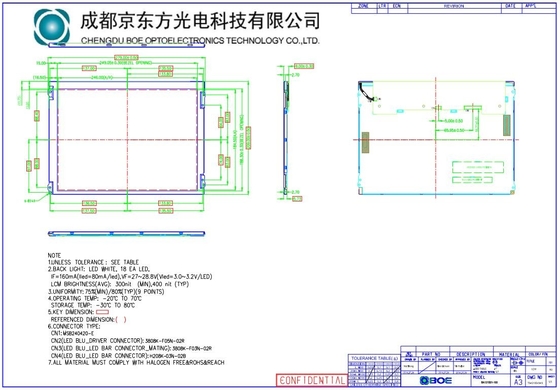 12.1 pulgadas de panel TFT LCD Boe 800 * 600 RGB 800: 1 BA121S01-100 Diseño de clima extremo