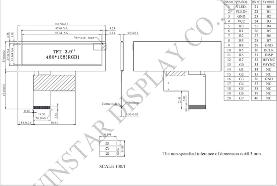 3.9 'bar TFT LCD Modulo 480 * 128 * RGB WinStar sustituir 6H HX8278-A