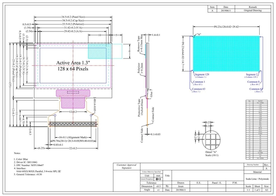 1.29' 1.3' OLED LCD Modulo 128*64 Monocromo Azul de amplia temperatura vista libre