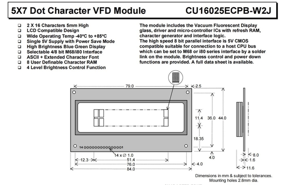 Modulo VFD 5*7 DOT 2*16 Caracteres Cu16025ecpb-W2j Interfaz paralela de 8 bits azul verde