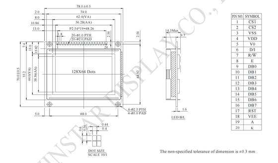 Modulo LCD monocromático pequeño gráfico 128*64 con interfaz NT7107/NT7108 6800 personalizable
