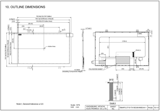 Modulo LCD TFT de 7' de longitud con matriz activa, transmisión 1024*RGB*600 Hitachi TX18D38VM0EAA luz