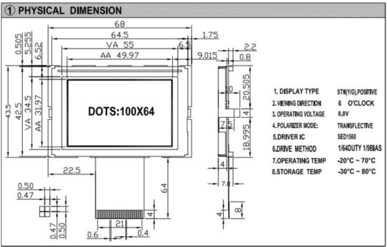 100*64 Modulo gráfico LCD STN 6H con SED1560 Pantalla amarilla verde de amplia temperatura Personalizable