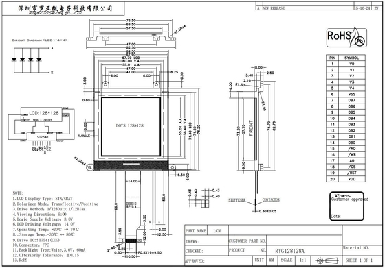 Modulo gráfico LCD de 128*128 STN Gris 6H con conector FPC de amplia temperatura ST7541