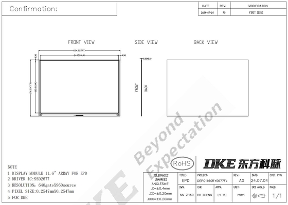 11.6' 4 color 960*640 TFT MCU interfaz de alto contraste pantalla de papel electrónico EPD