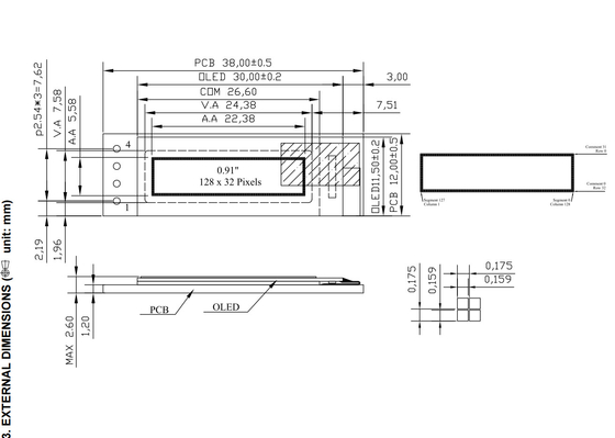 0.91' 128*32 monocromático OLED de amplia temperatura con módulo LCD de PCB