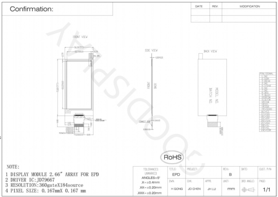 2.66' 4 Color 360*184 JD76997 Basado en E-paper Display EPD estándar
