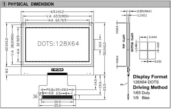Modulo gráfico LCD de 128*64 FPC Interfaz ST7565 3,3v Pantalla industrial de amplia temperatura