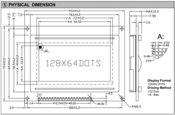 Conector 20PIN 128*64 Módulo LCD gráfico Monocromo STN Color opcional con luz de fondo