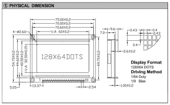 128*64 Modulo gráfico LCD Color opcional 20 PIN AT0107/AT0108 STN Pantalla de amplia temperatura Uso industrial