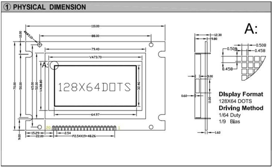 Tamaño grande 128 * 64 módulo LCD gráfico 20 pines monocromo con pantalla industrial de luz trasera de PCB personalizar