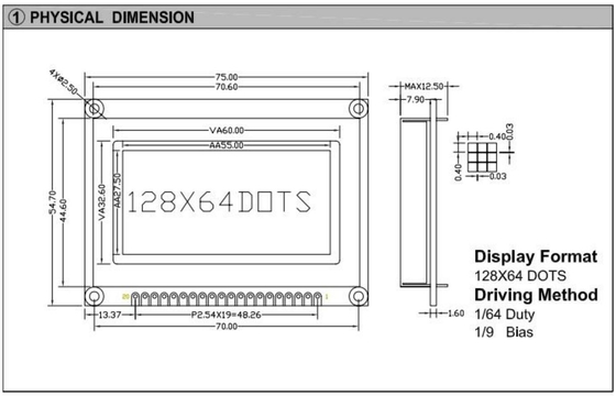 Modulo LCD gráfico STN de 128*64 con luz de fondo LED Monocromo de 20 pines ST7565 3.5v