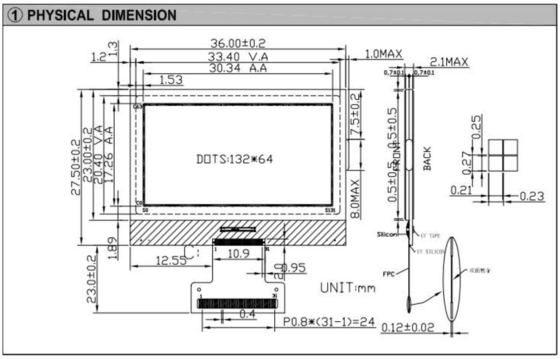 132*64 Módulo gráfico LCD FSTN NT7534 Conector FPC Display industrial de 3,5 V