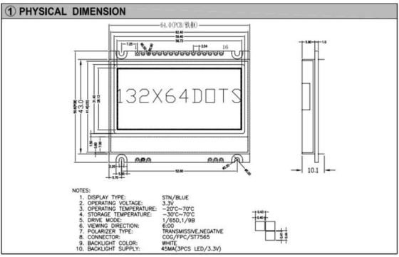132*64 módulo gráfico LCD STN azul de gran temperatura 6H pantalla industrial negativa con PCB