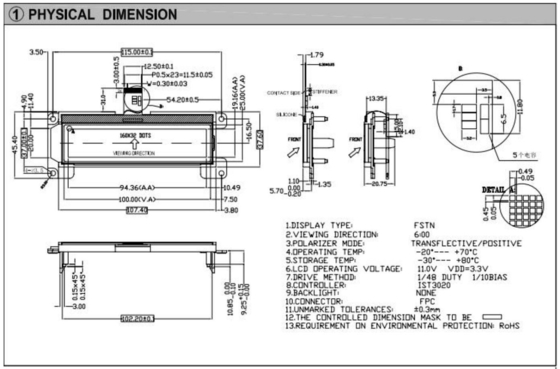 160*32 Módulo gráfico LCD FSTN 6H Pantalla industrial de amplia temperatura transflectiva positiva