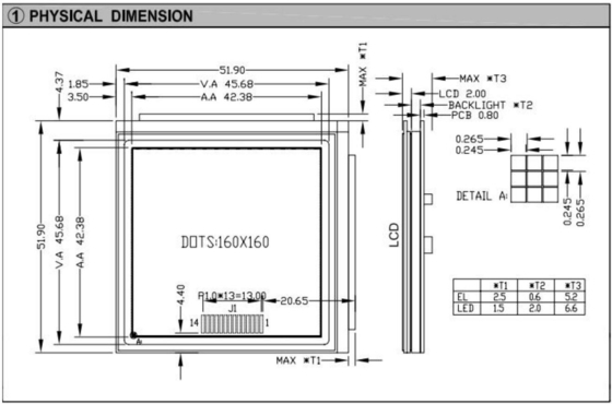 Modulo LCD gráfico de 160*160 cuadrados con luz de fondo NT7701 Pantalla industrial de alta temperatura