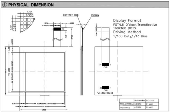 160*160 Modulo gráfico LCD FSTN 6H Pantalla industrial de 60*60 mm cuadrados con luz de fondo