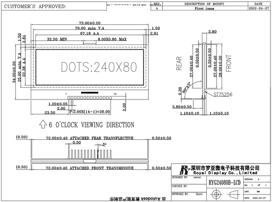 240*80 módulo gráfico LCD FSTN 6H pantalla industrial de temperatura muy amplia MOQ bajo