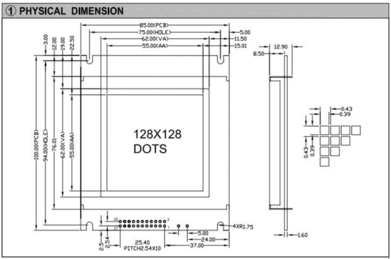 128*128 FSTN Gráfico Módulo LCD monocromo AT0107 Display industrial de 22 pines