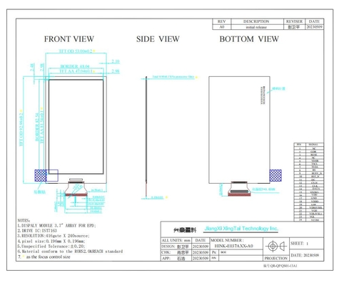 3.7'' EPD 240*416 4 Pantalla de papel electrónico a color para el sistema electrónico de etiquetas de estantería