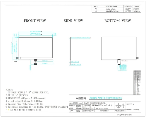 7.5'' EPD 800*480 4 Display de papel electrónico de alto contraste de colores JD79665 de Hitech