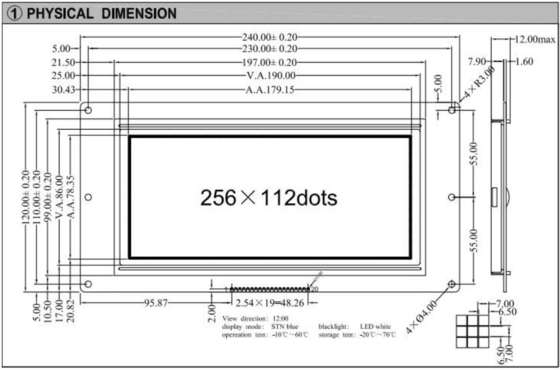 256*112 Módulo LCD gráfico 12H STN Pantalla industrial de temperatura ancha azul