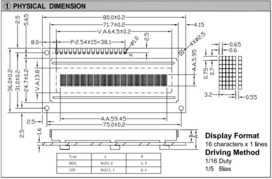 16*1 1601 STN Módulo LCD de caracteres ST7066 con pantalla industrial con luz de fondo