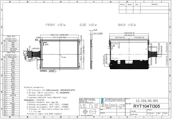 10.4'' TFT 1024*RGB*768 Modulo LCD de temperatura ancha con toque