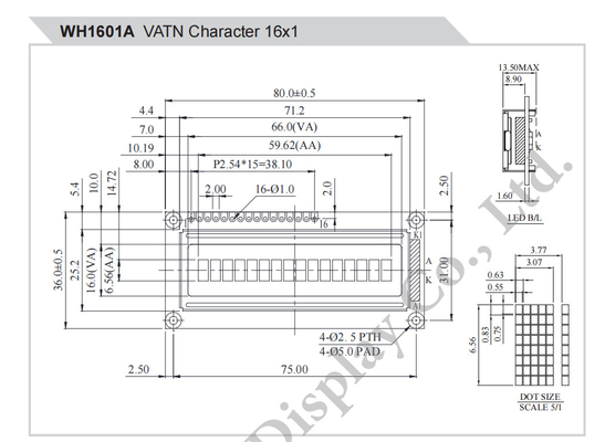 Modulo LCD de 16*1 caracteres monocromático SPI de interfaz de amplia temperatura VATN