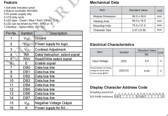 Modulo LCD de 16*1 caracteres monocromático SPI de interfaz de amplia temperatura VATN