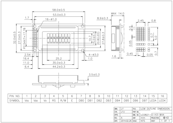 Módulo LCD de 8*2 caracteres STN monocromático de 6H de temperatura ancha