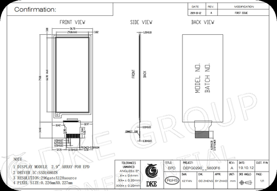 2.9' 296*128 Interfaz MCU de matriz activa E-papel de pantalla EPD