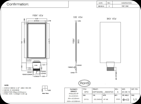 2.66'' 152*296 SSD1680Z8 Interfaz SPI E-papel de visualización EPD