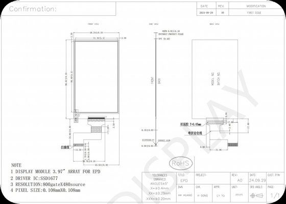 3.97' 4 color 800*480 SSD1677 E-papel muestra EPD