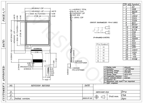 1.54'' 200*200 interfaz SPI monocromática pantalla de papel electrónico EPD