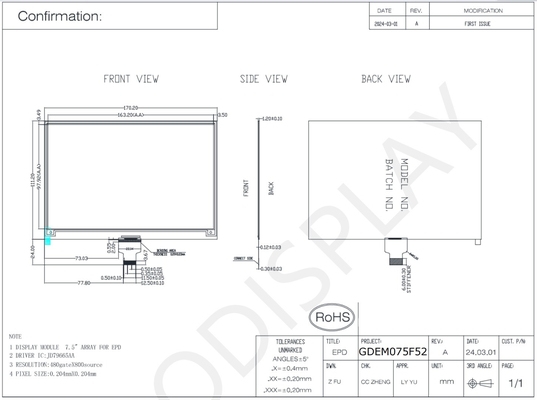 7.5' 480*800 4 Color JD79665AA Papel electrónico Display EPD
