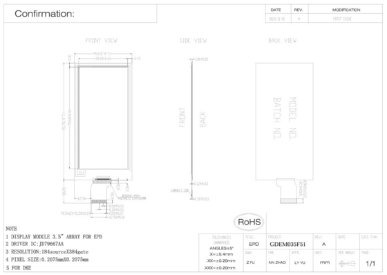3.52' 4 Color 384*184 Jd79667AA Basado en E-Paper Display EPD