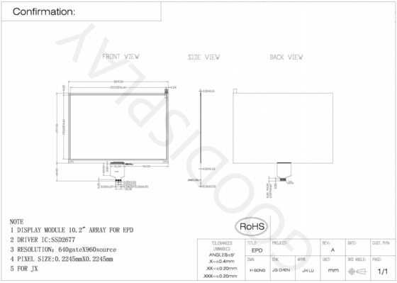 10.2'4 Color 640*960 E-paper Display SSD2677 Basado en EPD