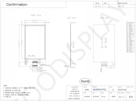 3.7'4 Color 416*240 IST7163 Basado en E-papel Display EPD