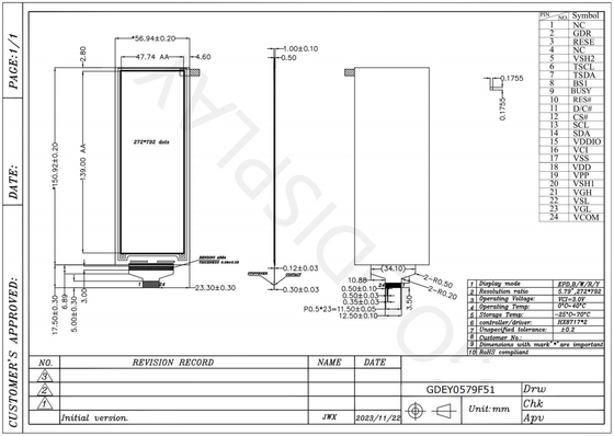 5.79'4 Color 272*792 HX8717 Basado en papel electrónico estándar EPD