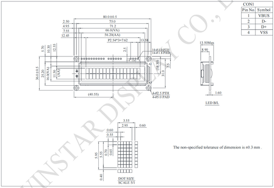 Interfaz USB de 16*2 caracteres FSTN STN Módulo LCD Winstar sustituye el uso industrial