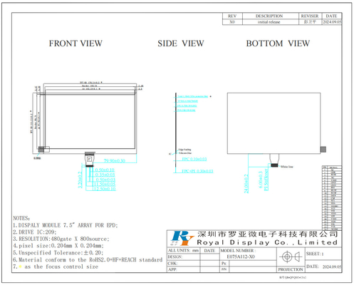 7.5' monocromático 800*480 escala de grises Modulo de pantalla LCD de papel electrónico para ESL