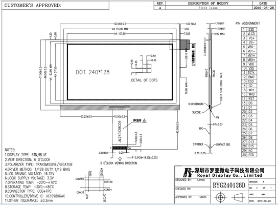Modulo de LCD de transmisión gráfica negativo UC1698U COG