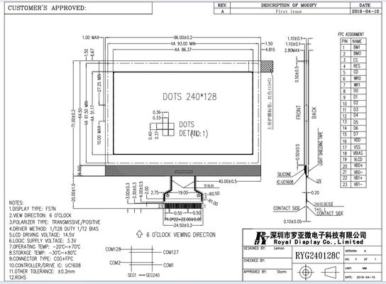 240*128 FSTN Gráfico Transmisor Positivo 3.3V UC1608 módulo LCD